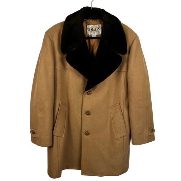 Grais Vintage 1970’s Wool Coat /Faux Fur Collar Men's SZ 42R Tan/Chocolate Brown - Picture 1 of 11